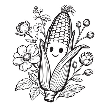 funny cartoon cat  illustration of a smiling corn cob center with white background