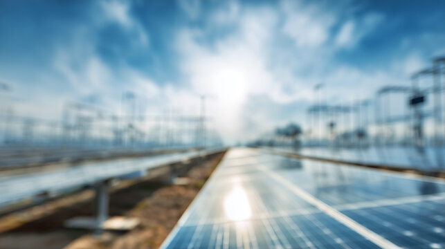 Blurred solar panel farm landscape under a bright sunny sky with soft light reflections on photovoltaic cells representing renewable energy and sustainable power generation infrastructure co