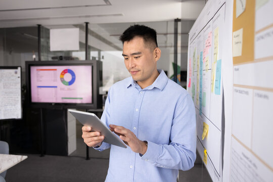 Project coordinator review. Confident young businessman stand near Kanban workflow model with tasks schedule on sticky notes check team work progress on digital tablet set deadlines priorities online
