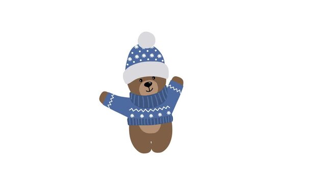 Christmas Animation. Happy Teddy Bear is Dancing. Christmas Character Enjoy Winter Holidays. Funny Baby Bear in Blue Hat, Sweater. Cute Toy. Loop Video in Blue, White, Brown on White