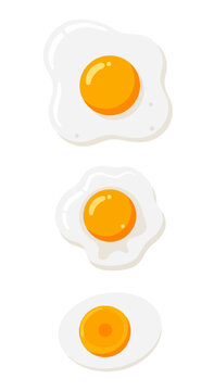 Three Fried Eggs, Sunny-Side Up and Over Easy, Top View, Isolated on White