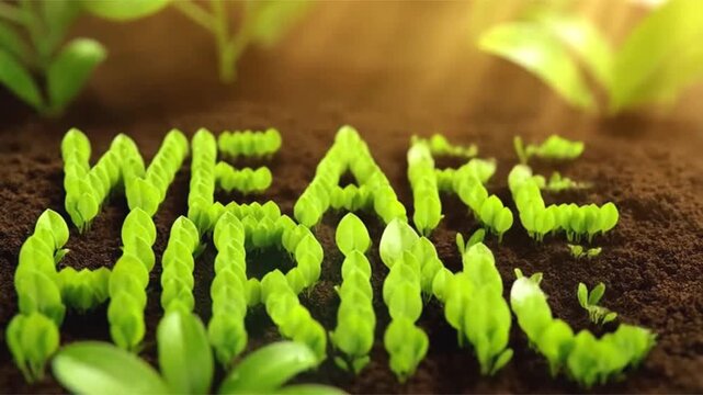 A creative hiring announcement video with &ldquo;WE ARE HIRING&rdquo; text formed by green plants sprouting from soil under warm sunlight.