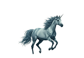 Obraz premium Majestic silver unicorn galloping, mythical white horse with flowing mane and tail, ethereal fantasy creature illustration isolated on Transparent background