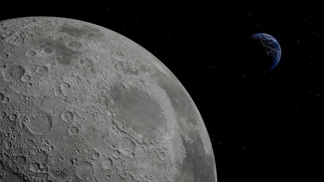 Amazing view of the Earth over the Moon's surface as we orbit around it