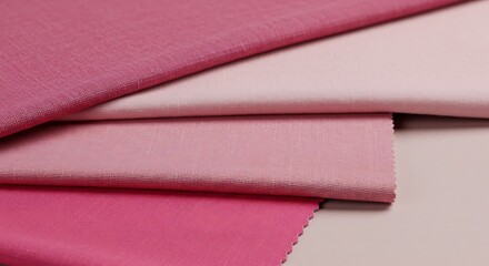 Fototapeta premium Pink Fabric Swatches Stack: Textured Textile Samples, Gradient Hues, Crafting & Design Palette