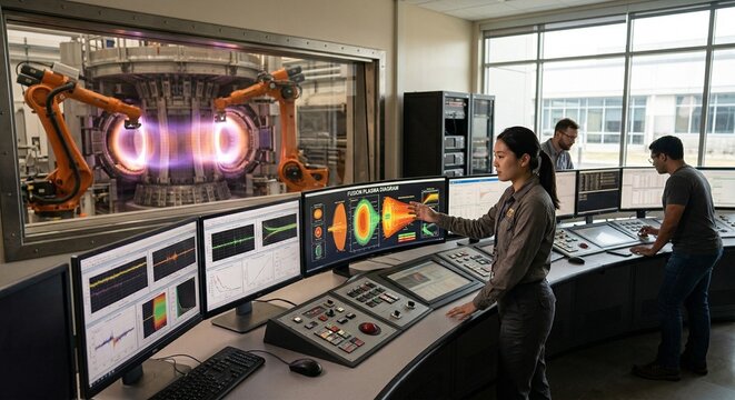 Diverse nuclear engineering team operating a nuclear fusion tokamak reactor, analyzing plasma data and physical controls in a large control room at a research facility