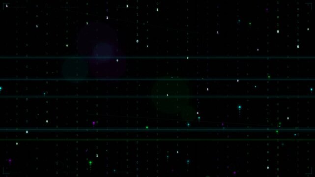 Binary digits and glowing particles rising upward on black background, digital data flow, abstract technology and cyberspace motion graphic overlay