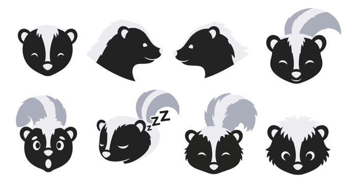 Cartoon skunk set black and white vector illustration
