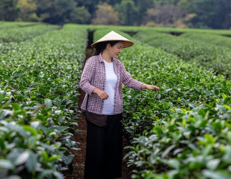 seorang petani wanita sedang memetik daun teh