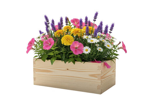 A wooden planter box filled with colorful flowers isolated on transparent background