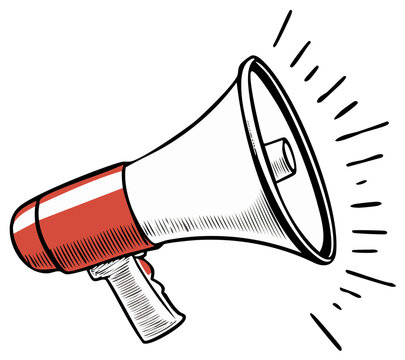 Megaphone drawing with red accents and radial sound lines for communication