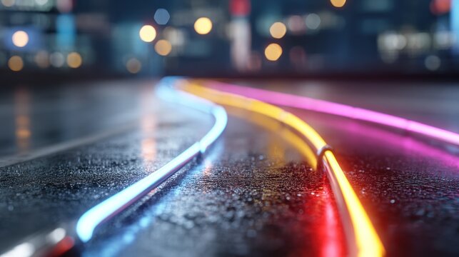 Illuminated flexible conduits curve across a wet, dark ground toward a blurred urban background.