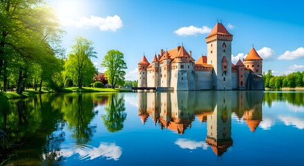 Obraz premium Trakai Island Castle reflected in calm lake on a sunny day, Lithuania