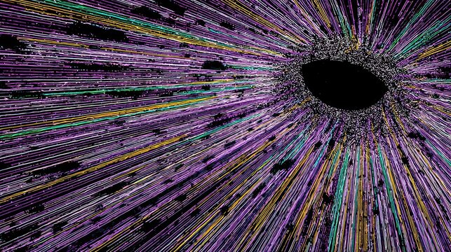 Vibrant streaks of color radiate outward from a central dark void in an abstract composition