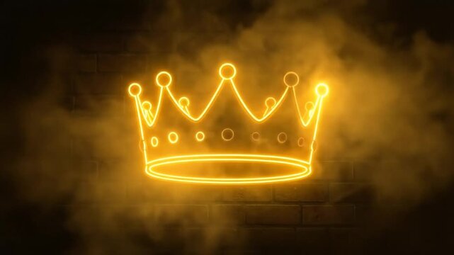 Glowing neon crown sign illuminating a dark brick wall, creating a royal ambiance.