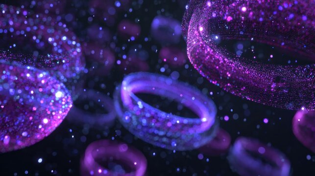 Glowing microscopic orbs resembling cells drift in a dark, vibrant fluid environment