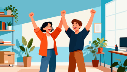Fototapeta premium Two joyful people celebrate with raised fists. They stand in a bright, cozy office space. Plants and shelves add warmth to the room. Their smiles suggest excitement and shared success