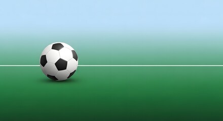 Obraz premium Classic black and white soccer ball resting on a green grass field surface with a light blue sky background and white line
