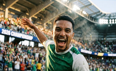 Fototapeta premium Jugador de fútbol profesional celebrando un gol con euforia y emoción en un estadio lleno durante un campeonato