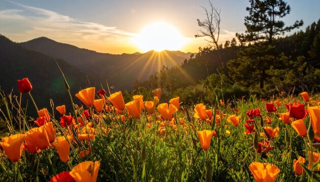 Flowers and mountains at sunset