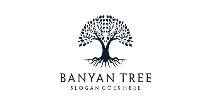 Banyan tree with roots nature silhouette logo design