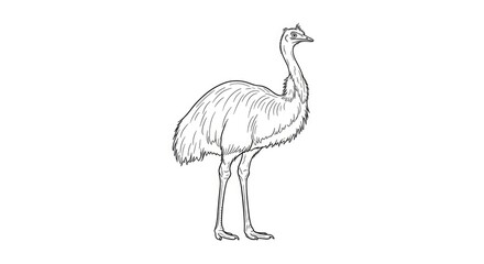 Obraz premium A sketch of an emu stands on a white background. The emu is depicted in black outline.