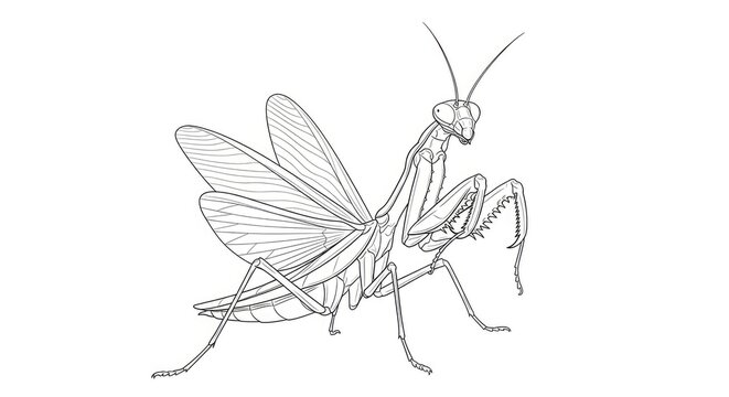 A praying mantis stands on a white background. The insect is depicted in a detailed black and white line drawing.