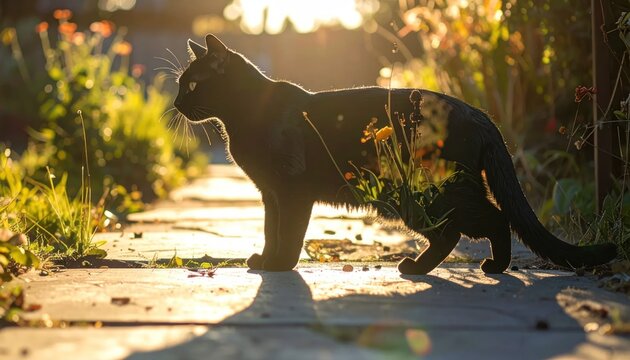 Silhouette of a black cat walking on a sunlit path in a garden.