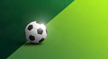 Obraz premium Soccer ball on a split green background with a dark green side and a light green side featuring subtle hexagonal patterns