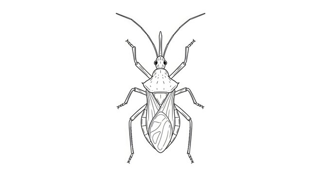A detailed black and white line drawing depicts a bed bug. The bug has a segmented body, long antennae, and six legs.