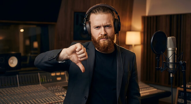 Productor musical con barba mostrando gesto de pulgar hacia abajo en estudio de grabaci&oacute;n