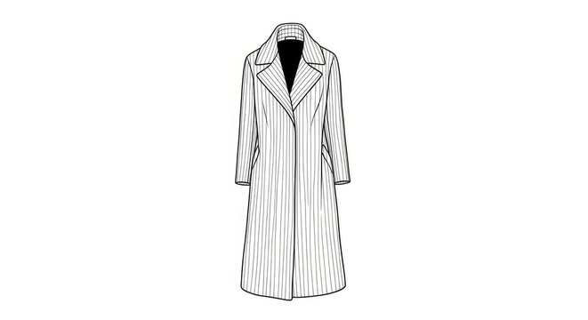 A black and white technical drawing of a long, striped coat. The coat features a classic trench coat design with a notched collar, a button closure, and long sleeves.