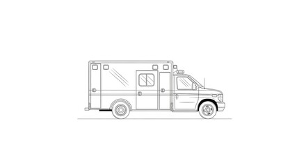 Obraz premium A line drawing depicts a white ambulance. The ambulance has a rectangular body, a roof light, and a side door. It is parked on a plain white background.