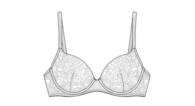 A black and white technical drawing of a padded bra. The bra features a patterned design with a wavy, organic texture.