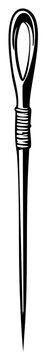 Close up of a sewing awl tool with a pointed tip and a loop eye