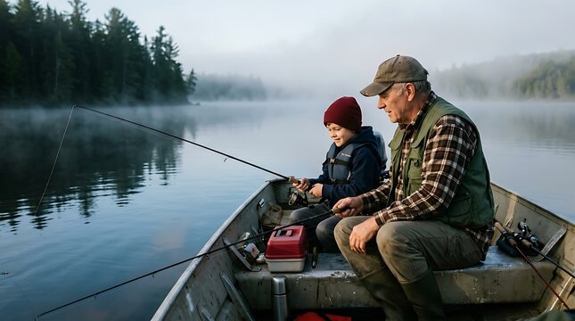 Father and Son Fishing in a Calm Lake Boat.