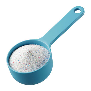 Blue measuring scoop filled with white granular laundry detergent powder, isolated on white.