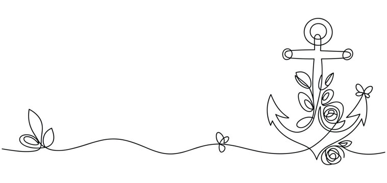 Whimsical continuous line drawing of a nautical anchor adorned with delicate floral elements and leaves isolated on transparent background