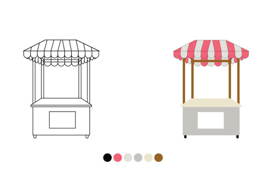 A drawing and rendering of a food cart with a striped awning