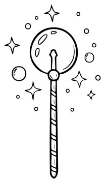Magic Wand Outline with Sparkling Stars and Sphere Element for Fairytale Illustrations