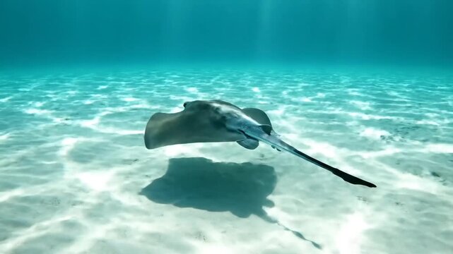Stingray swimming in shallow water sea.