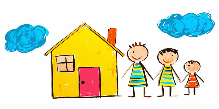 A child s drawing depicts a yellow house with a family outside