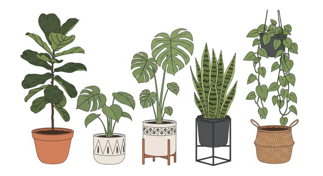 Collection of various potted houseplants in different decorative pots.