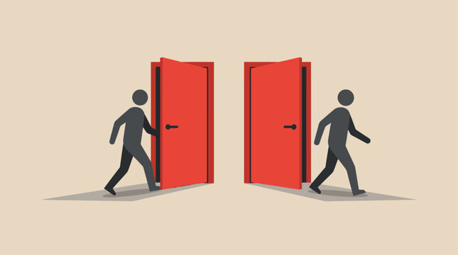 Minimalist Concept Illustration of People Entering and Exiting Red Doors Symbolizing Opportunity and Transition