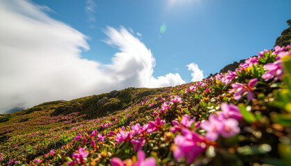 Obraz premium Pink rhododendron flowers blooming in mountain landscape