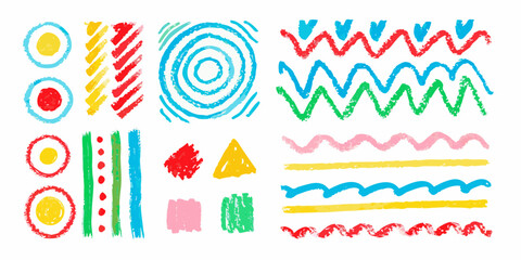Obraz premium Colorful crayon scribbles and doodles arranged in neat rows