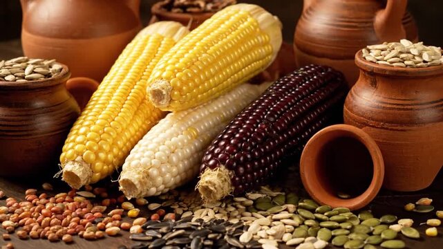 Variety of corn and grains displayed.