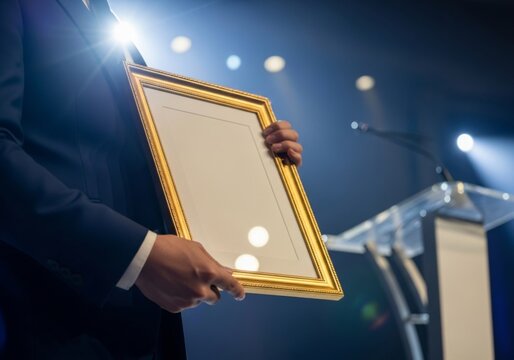 Business executive receives golden award frame on stage with bright