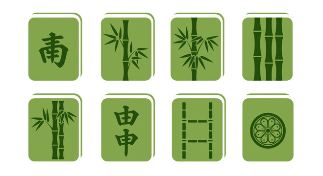 Mahjong Tiles, Bamboo and Chinese Characters on Green Background