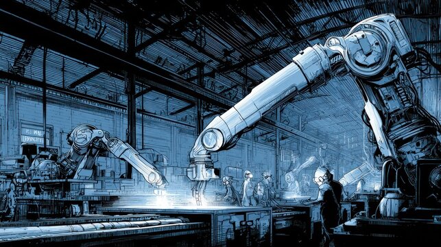 Industrial machinery operates within a large factory setting under blue illumination